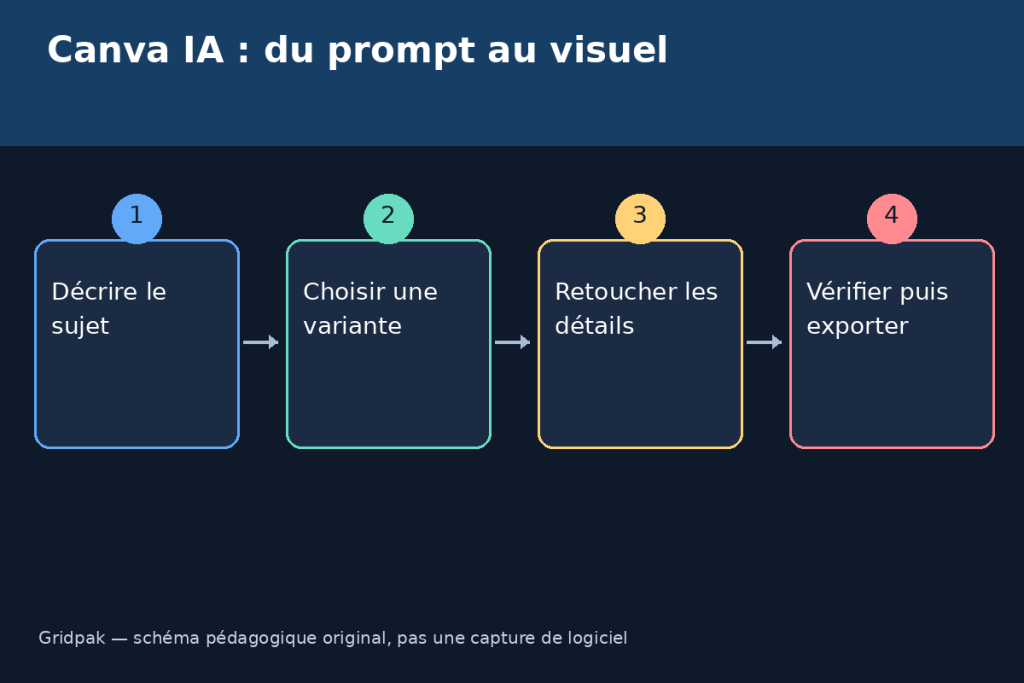 Canva IA : du prompt au visuel : Décrire le sujet, Choisir une variante, Retoucher les détails, Vérifier puis exporter
