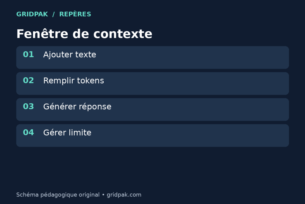 Schéma de la fenêtre de contexte avec prompt, documents, historique et limite de tokens.