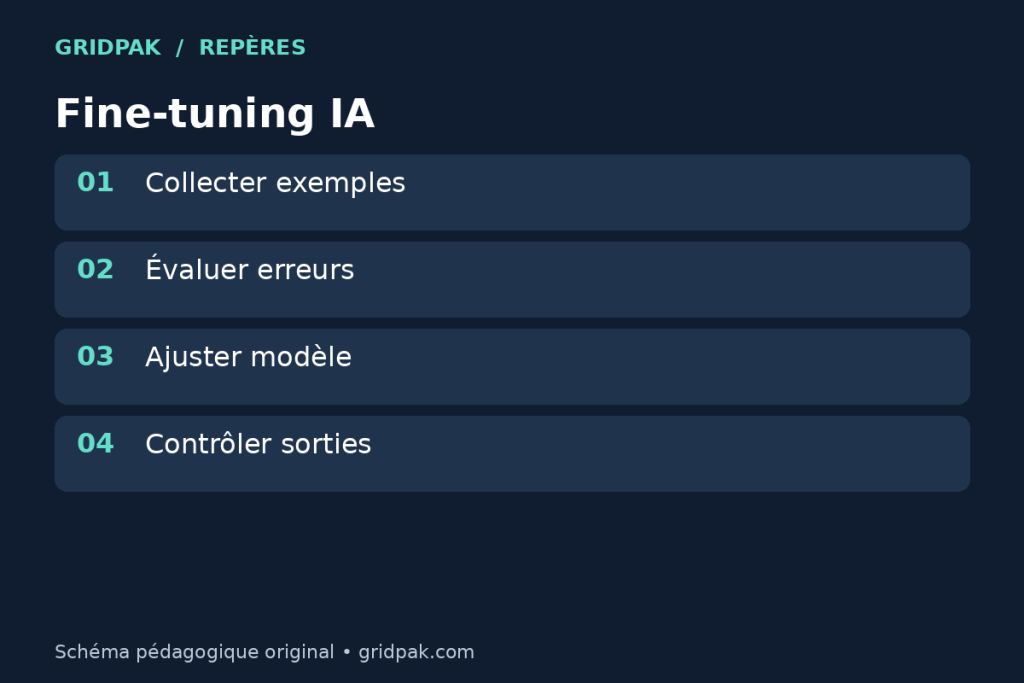 Schéma expliquant comment des exemples spécialisés servent à ajuster le comportement d’un modèle.