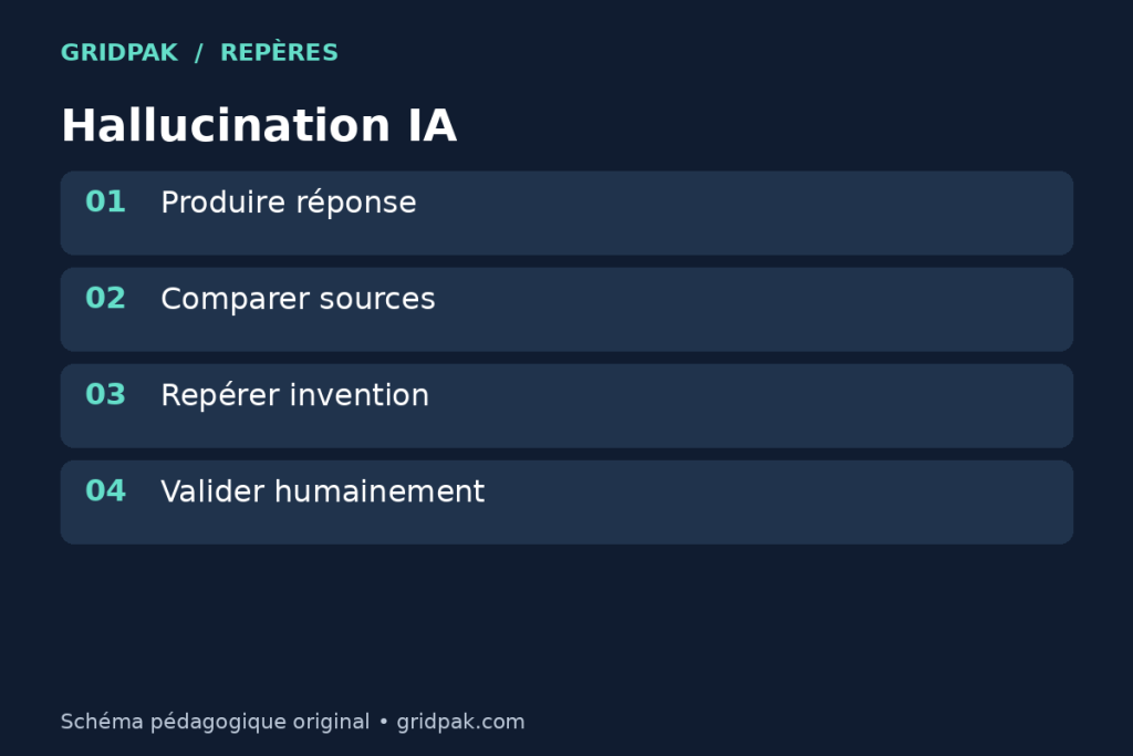 Schéma montrant une réponse IA comparée aux sources pour détecter une hallucination.