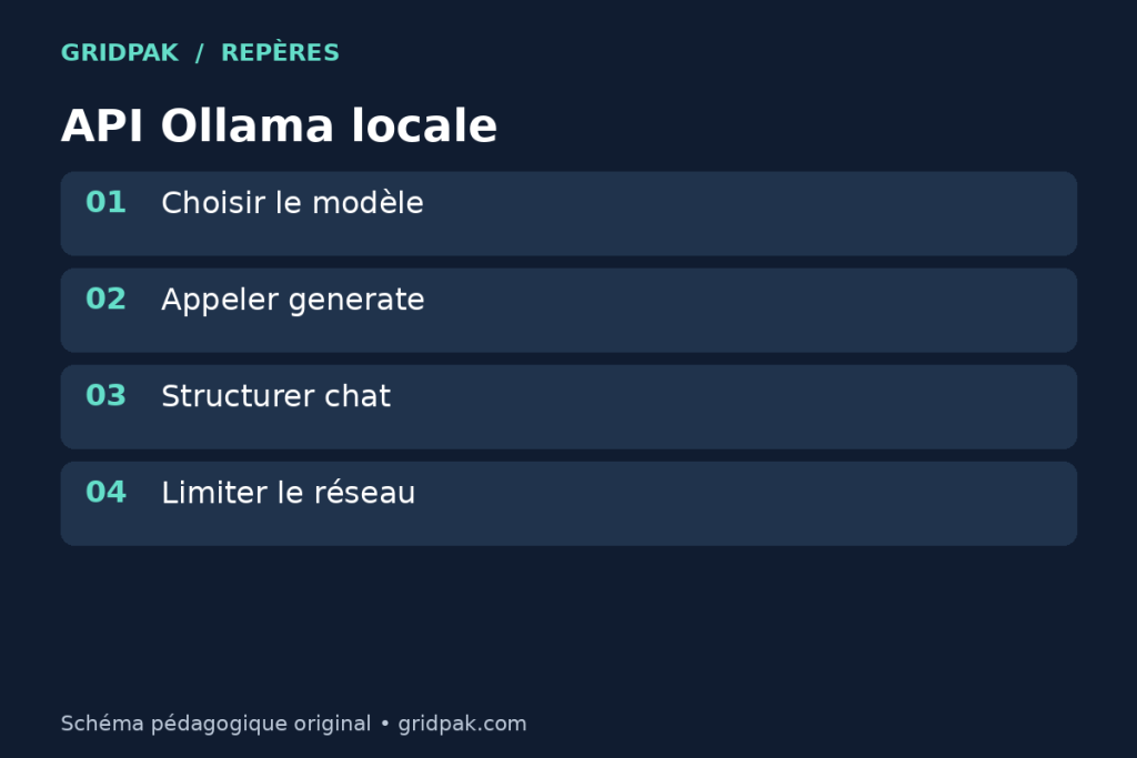 Schéma d’un appel local vers l’API Ollama avec modèle, endpoint et réponse JSON.